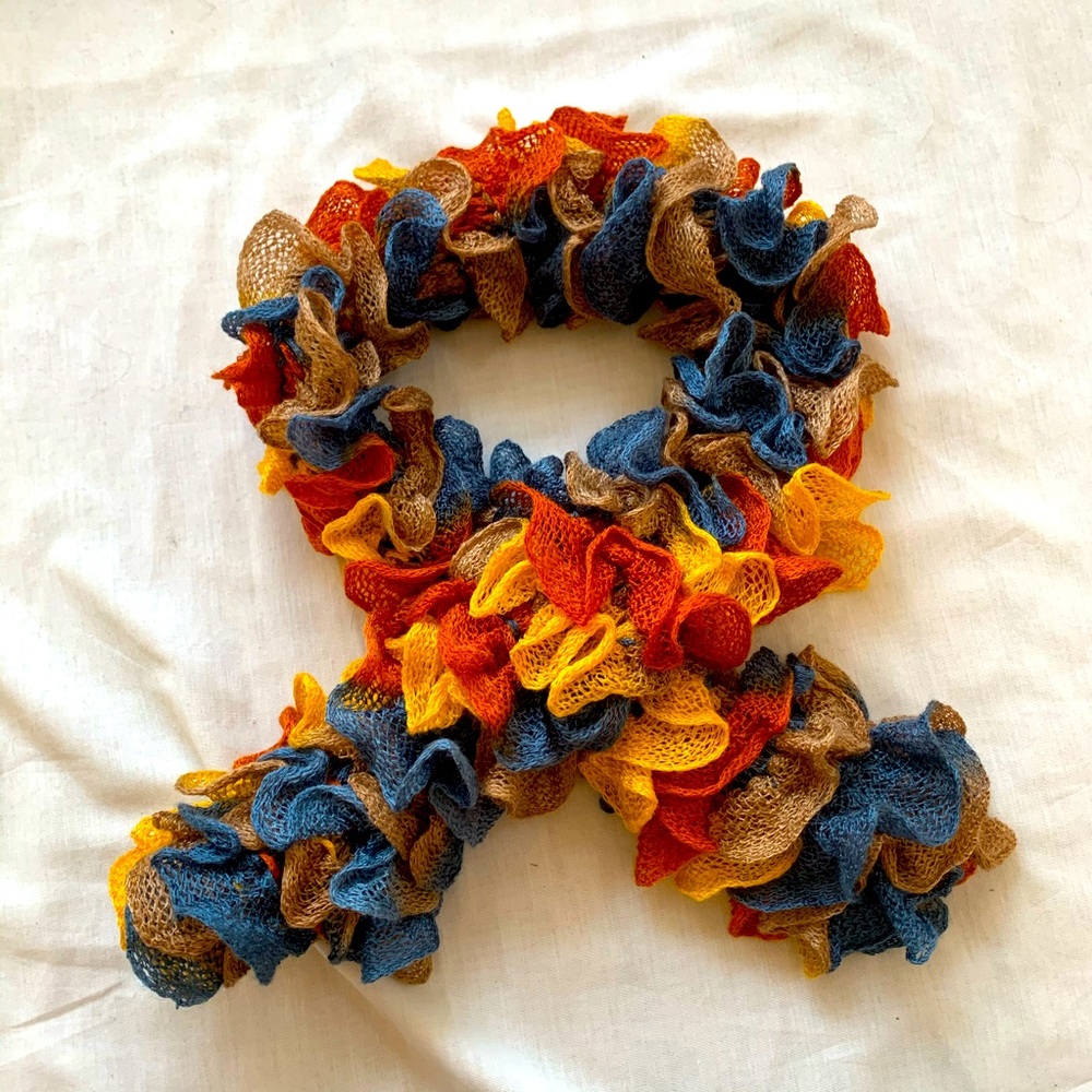 3/$15 Handmade flowery Scarf knitted? Crotched? Colorful